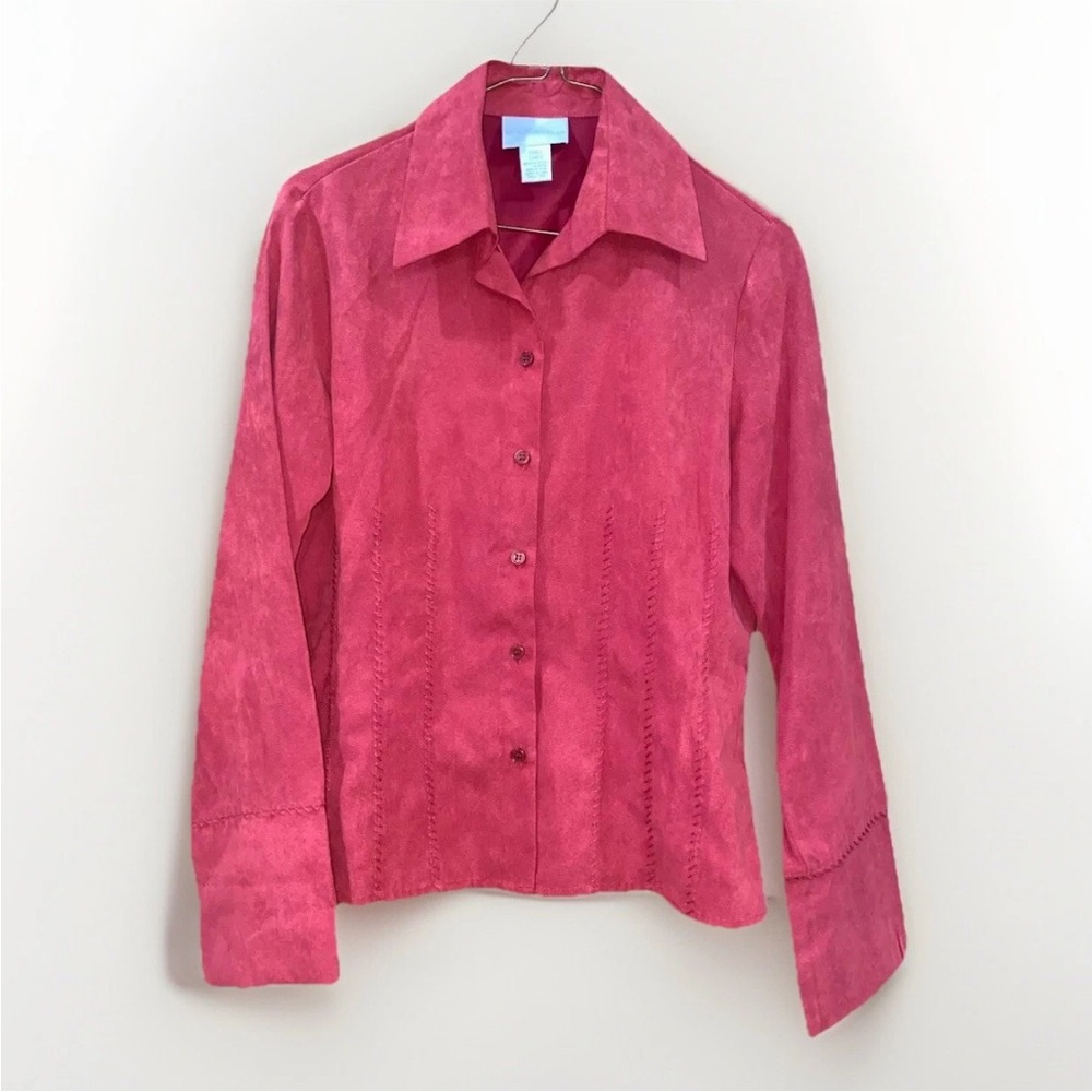 Worthington Vintage Red Suede Button Down Women’s Blouse Sz S Front Stitching